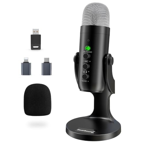ZealSound Wireless Microphone,USB Mic for iPhone PC iPad Android Phone-Cordless Condenser Desktop Microphones with Mute Echo Monitor Volume Gain 2.4GHz for Podcast,ASMR,Gaming,YouTube Video/K66 Black