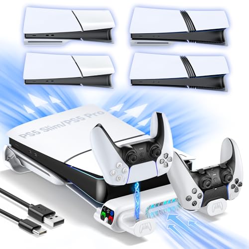 PS5 Slim/Pro Horizontal Cooling Stand for Disc & Digital, Dual Controller Charger with 3-Level Cooling Fan, PS5 Stand for Pro & Slim Console (NOT Fit 2020 Regular Version), for Sony PSP Consoles - color: White, size: S