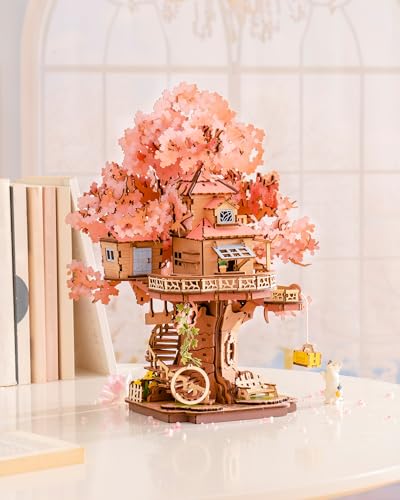 ROBOTIME DIY Miniature House Kits for Adults, 3D Wooden Puzzles for Teenager, Japanese Cherry Blossom Tree Sakura Bonsai Plants for Birthday Gifts and Hobbies (Sakura Tree House)