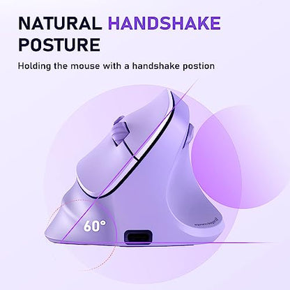 MEETION Ergonomic Wireless Vertical Mouse, Rechargeable, Purple | Bluetooth 5.2 + 3.0 and USB connectivity, RGB backlight, 4 DPI adjustment, compatible with Windows, Mac, Android, PC and iPad - color: Right Purple