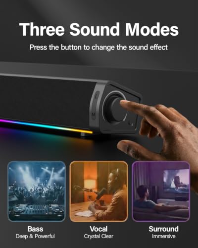 Computer Speakers for Desktop PC, RGB Gaming Soundbar with 3 Sound Modes | Desktop Monitor Speakers with Enhanced Bass, Headphone Jack, and USB-C/USB-A adapter for Windows, Mac, and PS5. Plug and Play
