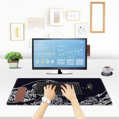 ToLuLu Extended Gaming Mouse Pad, Memory Foam Ergonomic Keyboard Mouse Wrist Rest Support Set, Large Desk Mat with Stitched Edges, Non-Slip Base Mousepad for Home Office Game, Black Wave of Kanagawa - color: Black Wave of Kanagawa