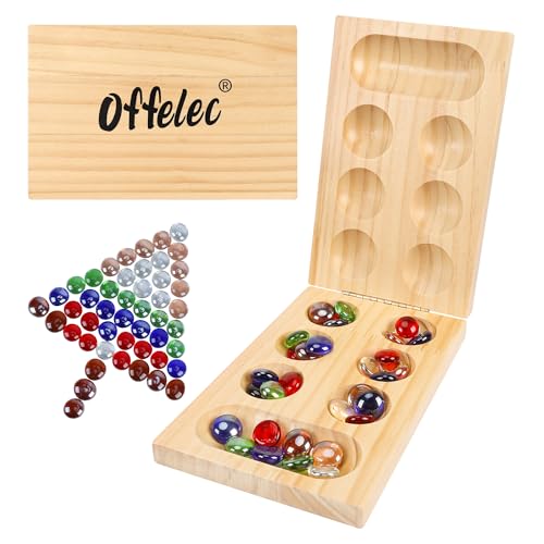 Offelec Mancala Board Game Set, Wooden Folding Board with 48 Colorful Glass Stones | Portable Travel Games for Adults | Classic 2 Player Strategy Game for Family Night - color: Color Mancala