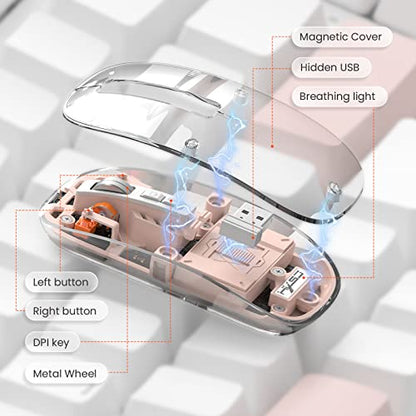 A.JAZZ Wireless Bluetooth5.1&2.4G Mini Lightweight Mouse,Transparent Clear Cool,Rechargeable Silent Computer Mice,Nano USB C Receiver,LED Battery Magic Silm for Office/PC/Mac/Laptop/Apple/ipad(Pink) - color: Pink