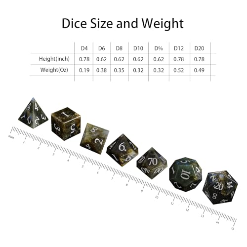LUCKY-M Labradorite Gemstone DND Dice Set, 7 PCS Dungeons and Dragons Dice with Case for RPG, Unique Stone Dice Set D&D D4 D6 D8 D10 D00 D12 D20(LD-Silver) - color: Ld-silver