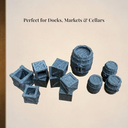 Guardia Cottage Scatter Pack 28mm | Village scatter terrain with furniture, barrels, crates, bushes, and accessories for tabletop RPGs and fantasy settlements.