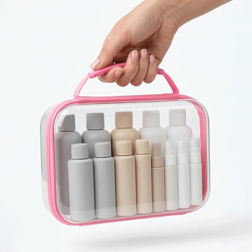 Clear Hard Shell Organizer Cases, 3 Pack with Handle | Durable PET shell with water-resistant, scratch-resistant surface for travel, toiletries, electronics and toys - color: Pink1