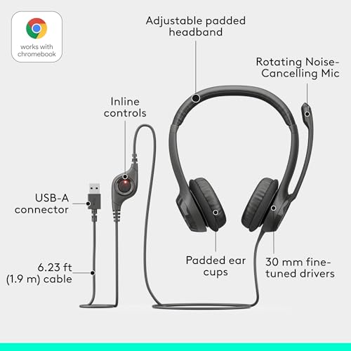 Logitech H390 Wired Headset PC/Laptop Stereo Headphones - Black | For PC/Laptop, stereo headphones, microphone, in-line controls, works with Chromebook - color: Black, style: USB-A