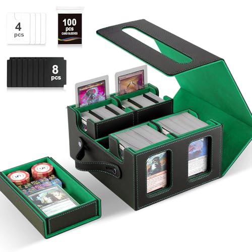 Commander Deck Box for MTG,Card Storage Box Fits 400+ Double-Sleeved Cards,5 in 1 Removable deck Case with Display Windows,for TCG/PTCG/EDH(Black & Green) - color: Black/Green