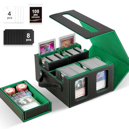 Commander Deck Box for MTG,Card Storage Box Fits 400+ Double-Sleeved Cards,5 in 1 Removable deck Case with Display Windows,for TCG/PTCG/EDH(Black & Green) - color: Black/Green