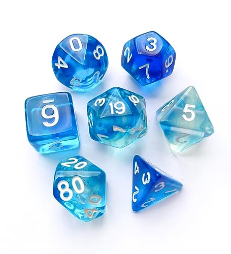 Blue DND 주사위 7개 세트 (클리어 블루-화이트) | D&D, 던전 앤 드래곤, CoC, MTG, TTRPGs 게임 액세서리용 투명 다면체 주사위 세트 - D20 시스템 게임 - color: 투명 블루 & 화이트