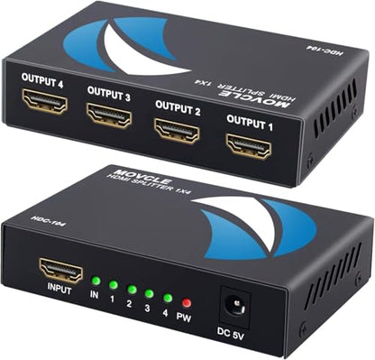 HDMI Splitter 1 in 4 out Full Ultra HD 1080P 4K/2K 1X4 Port Box Hub with US Adapter v1.4 Powered Certified for 3D Support | Powered HDMI Splitter, Plug & Play 4K HDMI splitter' 4-Way Output Compatible for Laptop, TV, PS5/4, Blu-ray - size: 1 in 4 out