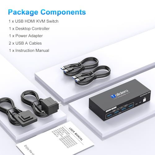 4K HDMI KVM Switch 2 Monitors 2 Computers Dual Monitor Support 4K@60Hz KVM Switcher PC Extended Display for 2 Port Share 4 USB 3.0 HUB Desktop Controller and 2 USB Cables Included
