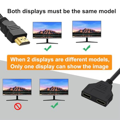 HDMI Splitter 1x2 1080P HDCP 1.4 Compatible with Dual Monitors/TVs/PS5/Xbox - 1 in 2 Out HDMI Duplicator for Mirror Mode, Extended Desktop (2-Pack Black Adapter Cable)