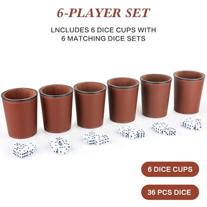 Felt-Lined PU Leather Dice Cup Set, 6 Quiet Shaker Cups With 36 Dice for Bar Party Yahtzee Farkle Games, Dark Brown - color: Dark Brown