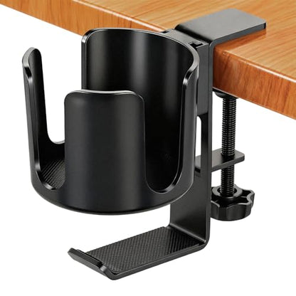 Desk Cup Holder Clamp with Headset Hook, Anti-Spill Water Bottle Stand Clip On Table Edge or Chair Armrests, Office Accessories for Coffee Drink Mug Bottles - size: 3.3 Inch, with Hook