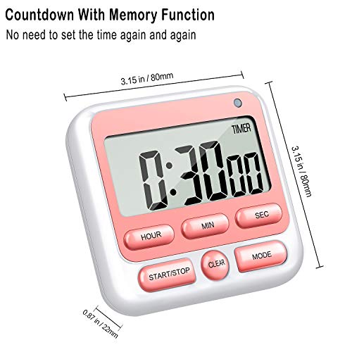4-in-1 Digital Timer with Count Up/Down, Clock & Alarm, Ring & Silent Modes | Large 2.8-Inch easy-read LCD, On/Off switch, 24-Hour count up/down, Fast-forward function, Magnetic back, stand, hanging hole - color: Pink