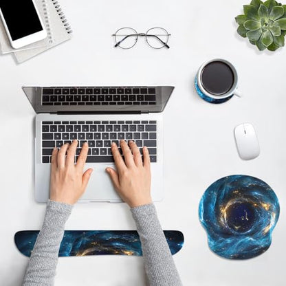 Ergonomic Mouse Pad Set with Wrist Rest, Galaxy Space | Blue Black Non-Slip Rubber Base Wrist Cushion Support and Coasters Mousepad with Wrist Support for Computer Keyboard - color: Blue Black Galaxy