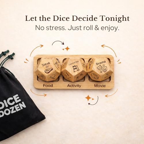 Date Night Dice, 3-in-1 Food, Dinner & Movie Decision Dice Game | Choose meals, movies & activities with every roll; great gift for couples, birthdays, anniversaries & holidays. - style: 3-in-1 Wooden Dice + Holder