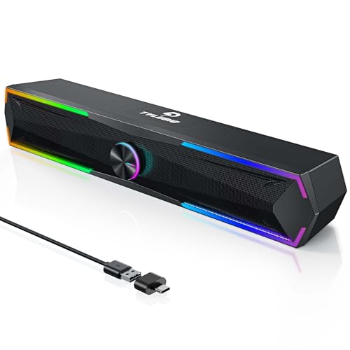 Tylubio Computer Speakers for PC Desktop, Flowing LED Under-Monitor Soundbar with Clear Stereo Sound, Bluetooth & USB 2-in-1 Audio Input, PC Speaker for Monitor Laptop, Black