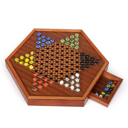 15-Inch Wooden Chinese Checkers Board Game Set – Classic Strategy Game with 72 Glass Marbles, Dual-Sided Storage Drawer, Family Board Games for Adults, Educational Travel and Indoor Game