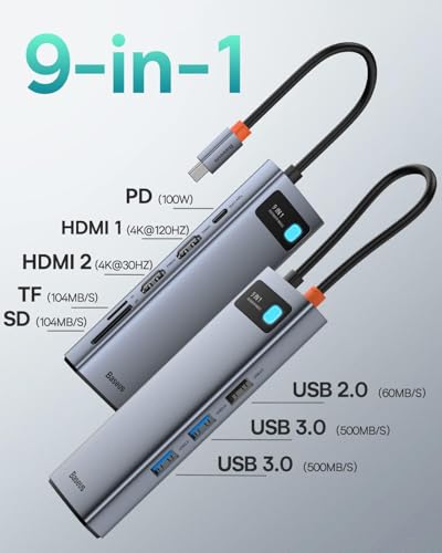 Baseus Laptop Docking Station Dual Monitor 9 in 1 USB C Hub up to 4K@120Hz | 2 HDMI, 1000Mbps LAN, Max 85W PD, 3 USB, SD Card Reader, USB C Dock Compatible with iPhone/Mac/Dell/HP/Surface/Steam Deck - size: 9 in 1