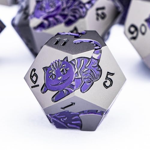 Metal DND Cat Dice 7PCS Polyhedral RPG Dice Set with Gift Case for Dungeons Dragons Role Playing Game, D and D Dice D6 D8 D10 D12 D20 D% (Grey Purple) - color: Cat-grey Purple