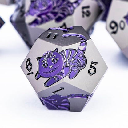Metal DND Cat Dice 7PCS Polyhedral RPG Dice Set with Gift Case for Dungeons Dragons Role Playing Game, D and D Dice D6 D8 D10 D12 D20 D% (Grey Purple) - color: Cat-grey Purple