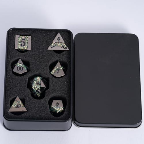Metal DND Dice Set, 7PCS Polyhedral Metal Dice with Galaxy Glitter Inlay, Heavy RPG Dice Set for Dungeons and Dragons, Pathfinder Tabletop Games - color: Black Nickel Green