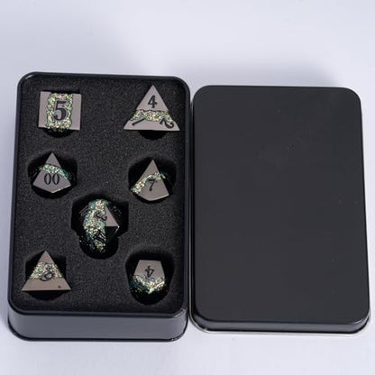 Metal DND Dice Set, 7PCS Polyhedral Metal Dice with Galaxy Glitter Inlay, Heavy RPG Dice Set for Dungeons and Dragons, Pathfinder Tabletop Games - color: Black Nickel Green