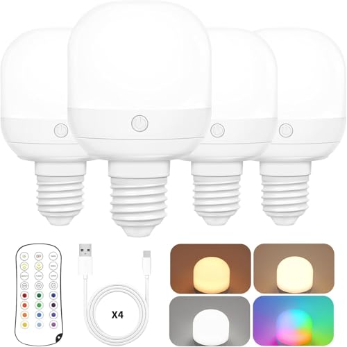 Yochoice Rechargeable Light Bulbs for lamp with 15 Colors Selectable & 3 Timer, Dimmable Battery Light Bulb with Remote Control, Detachable Cordless Light Bulbs for Non-Hardwired Fixture, 4 Pack - size: 4 Pack