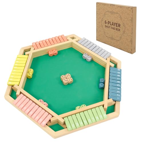 WOOD CITY Shut The Box Game Wooden for 6 Players, Close The Box Math Game for Kids Adults with 16 Dice, 6 Way Tabletop Quick Board Game for Family 3+ Years Old in Party or Pub，Morandi Color - style: 6 Players Morandi