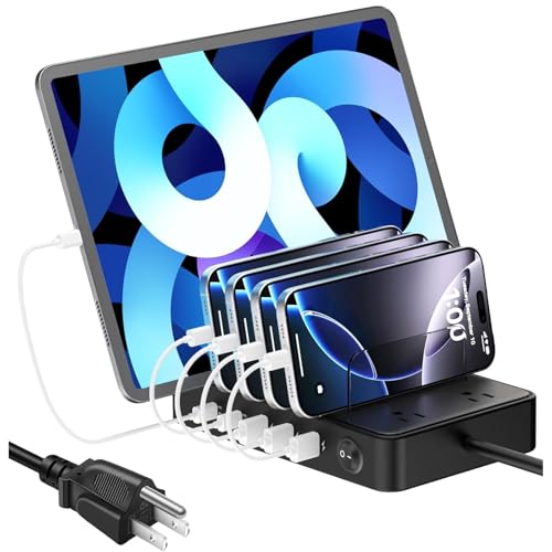 85W Charging Station for Multiple Devices,7 Port USB Charger Stations with 2 AC, 2 USB C, 3 USB A,Family Multi-Device Organizer Charging Dock -Designed for iPhone iPad Android Cell Phone Tablet,Black