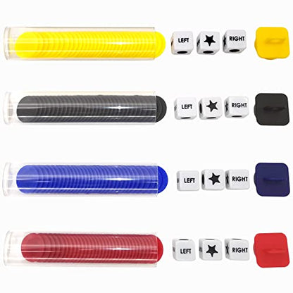Ahoper Left Right Center Dice Game Prime Set Bundle with 3 Dices + 36 Chips. Round Tube Storage is Very Convenient for Travel. Easy to Store, Carry Around. (4 Pack) - color: 4 Pack
