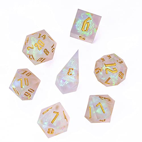 Cusdie 7 Pcs Frosted Dice Sharp Edges DND Dice, Handcrafted Polyhedral Dice Set, for Role Playing Game Pathfinder(Transparent) - color: Frosted-white