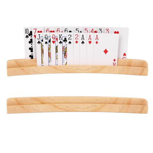 ZUFECY 2-Pack Wooden Card Holders, 2-Layer Slots for 50+ Poker Cards, Solid Pine Wood with Natural Finish for Family Game Nights, Seniors and Card Game Lovers