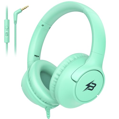 Kids Headphones Wired with Microphone, 85/94dB Volume Limit Headphones for Kids, Foldable 3.5mm Plug in Headphones Corded for Child/Toddler/School/Airplane Travel/Tablet/Kindle/Laptop, Green - color: Green