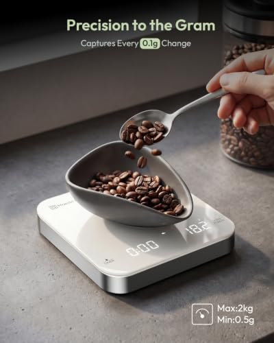 Maestri House S2 Espresso Coffee Scale with Timer 0.1g Precision Shot Scale | USB-C Rechargeable, Dual Timing Modes, 2kg/0.1g Digital Scale with Borosilicate Glass Top for Espresso and Pour-Over Brewing - color: White&Silver