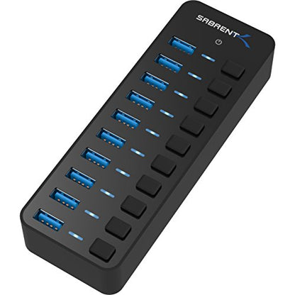 SABRENT 10-Port 60W Powered USB 3.0 Hub, Power Switches & LEDs (HB-BU10) | Individual power switches + LEDs; includes 60W 12V/5A power adapter; for PC & Mac - size: 10-Port - 10 USB 3.0