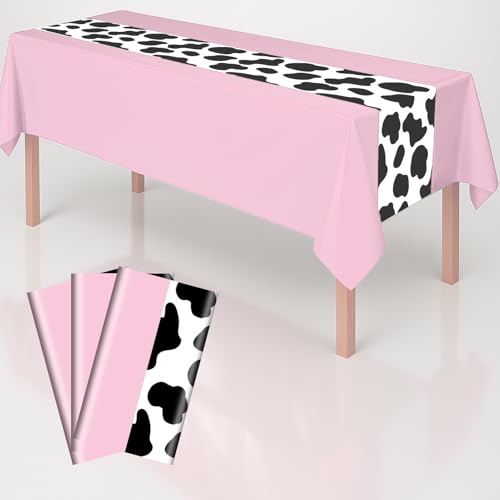 3 Pack 108 x 54 Inch Cow Print Tablecloth Cow Plastic Table Cover Birthday Party Table Cloth Disposable Plastic Farm Animal Party Cover for Disco Cowgirl Decorations Supplies Pink - color: Pink Cow, size: 3pcs