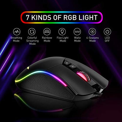 havit RGB Gaming Mouse Wired Programmable Ergonomic USB Mice 4800 Dots Per Inch 7 Buttons & 7 Color Backlit for Laptop PC Gamer Computer Desktop (Black)