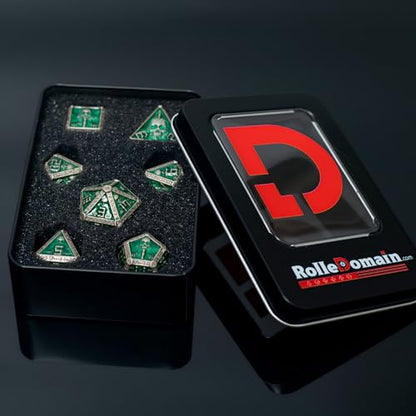DND Metal Dice Set with Gift Box for D&D/MTG RPG Board Games(Green-Ranger) | Gothic Skull Theme, Skeletal Numerals, Runes Engraved on Edges, Nice Tactile Feel, Metallic Texture & Weight, Well-Balanced - color: Skull-green