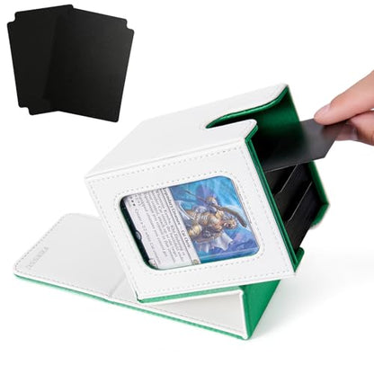 MTG Deck Box with Commander Display Window (White&Green, 1 window) | Holds 120 Single/100 Double-Sleeved Cards, Fit MTG/PTCG/OPTCG Cards, Strong Magnet, PU Leather, With 2 Dividers & 1 Toploader - color: White and Green