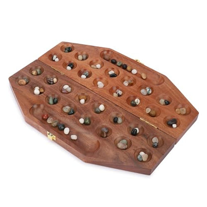 Ajuny Wooden Mancala Board Game Folding Travel Set with 96 Stones 2 Player | Traditional Counting Strategy Activity for Children Grownups Family Nights Educational Entertainment Birthday Holiday Present - size: 14 Inch