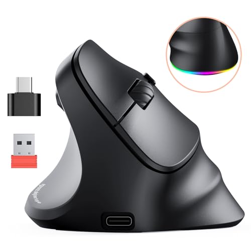 MEETION Left-Handed Ergonomic Mouse,Vertical RGB Mouse, Bluetooth 5.2 & 3.0 + 2.4G USB-A with USB-C Adapter, 4 Adjustable DPI Rechargeable Wireless Mouse for Windows/Mac/PC/Tablet/Black - color: Black