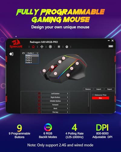 Redragon Wireless Gaming Mouse, Tri-Mode 2.4G/Bluetooth/USB-C, 7 Programmable Buttons, Tactile Rapid Fire Key, 8000 DPI RGB Ergonomic Mouse for PC Windows Gaming & Work, M814 - color: Black