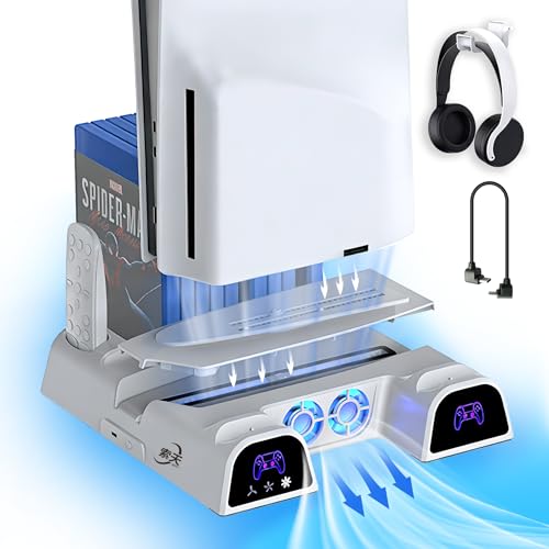 SOTY PS5/Slim/Pro Cooling Station Vertical Stand with Cooling Fan, Dual Controller Charging Dock, 11 Game Disc Storage Organizer, Metal Base Gaming Setup (Standard Edition, PlayStation 5)