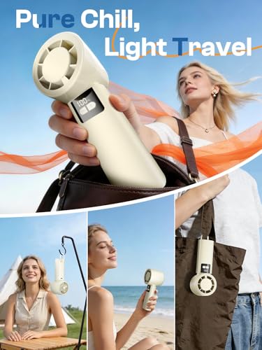 200 Adjustable Speed Portable Handheld Fan, 5000mAh Turbo Mini Fan for Personal Cooling, 3H Fast Charge Small Travel Fan with LED Power Display, Desk Use, Ideal for Hot Flash, Travel, Outdoor (Amond)