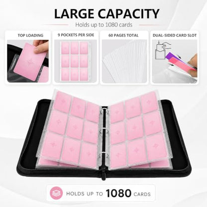 9 Pocket Zip Card Binder, Trading Card Album Holds 1080 Cards, Pink | Logo-free design,top-loading pages,removable double-sided pockets,waterproof cover,soft lnner lining. - color: Pink, size: 9 Pocket 1080
