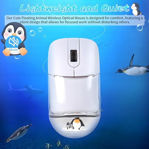 Wireless Mouse -Cute Clear Aqua Design, Water Mouse with Optical Precision, Silent Clicks, Lightweight & Floating Animal Transparent Retro Style for Home Office, Great for Kids & Adult(Penguin-White) - color: Penguin-White
